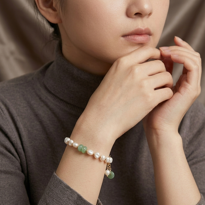 Pearl and Green Stone Toggle Bracelet