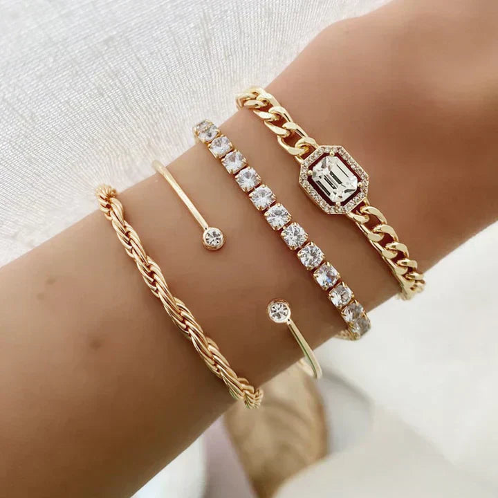 Gold Crystal Stacked Bracelet Set